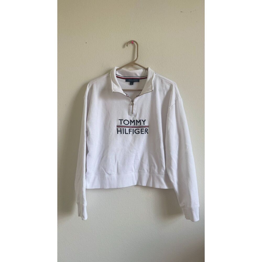 Tommy Hilfiger Womens Large White 1/4 Zip Sweatshirt Spellout Logo Pullover